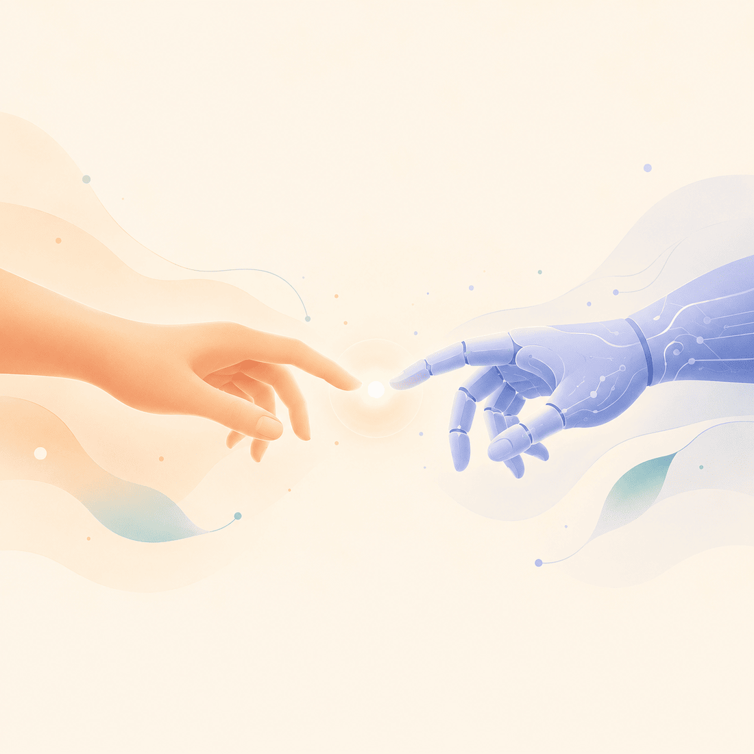 Illustration de la symechaïose : une main humaine et une main machine se rencontrant