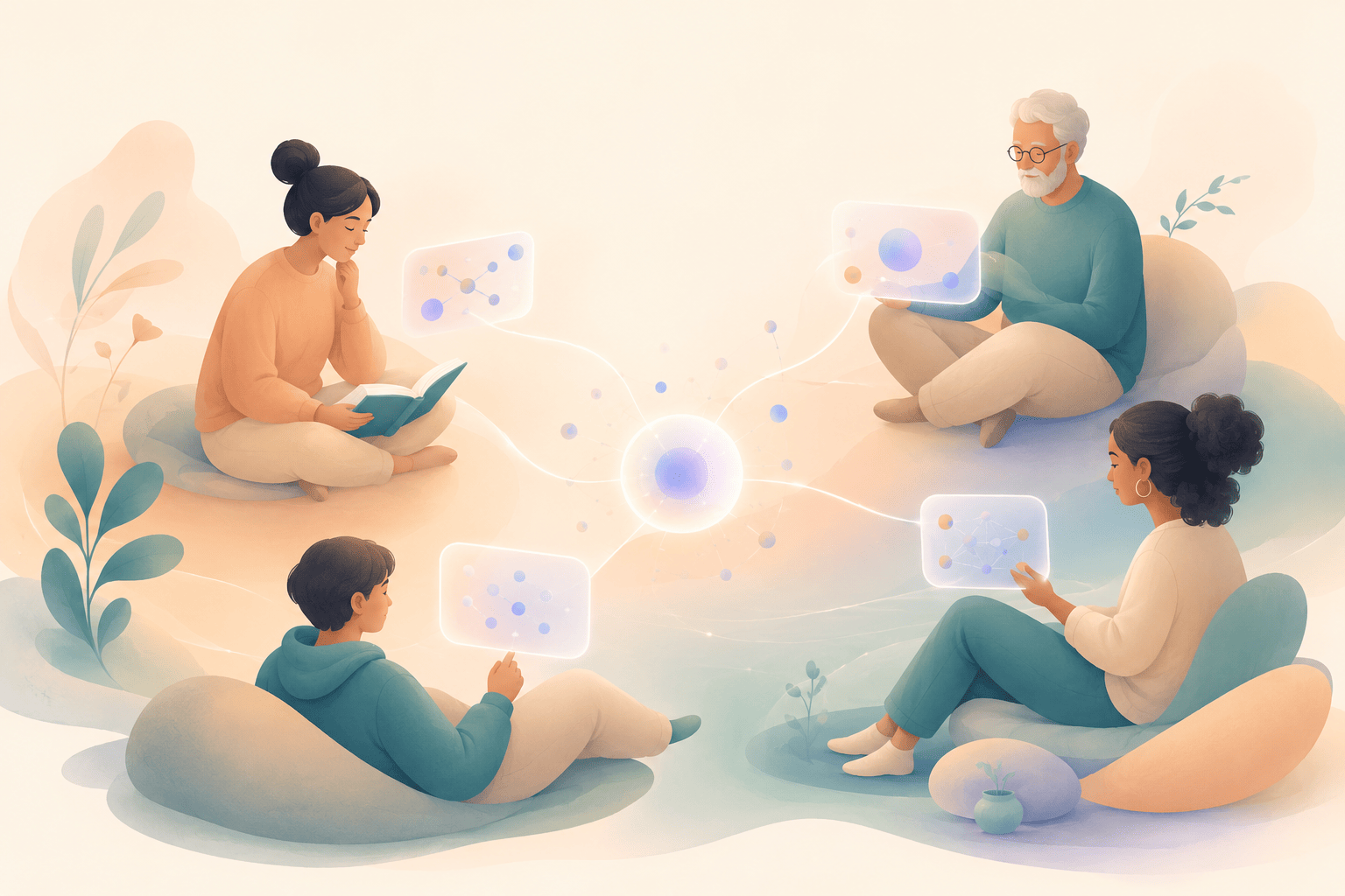Illustration : Personnes d'horizons variés apprenant à dialoguer avec les machines